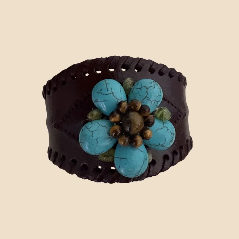 Leather Bangle with Turquoise & Tiger's Eye Flower - Picture 2 of 6